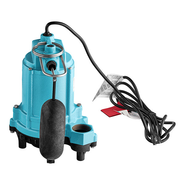 A blue Little Giant 6EC sump pump with a black cord.