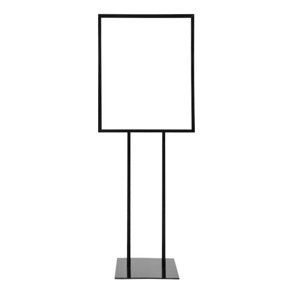 A black rectangular sign holder with a white sign on it.
