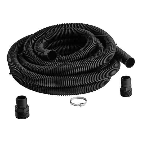 A black hose with a black plastic tube and two connectors.