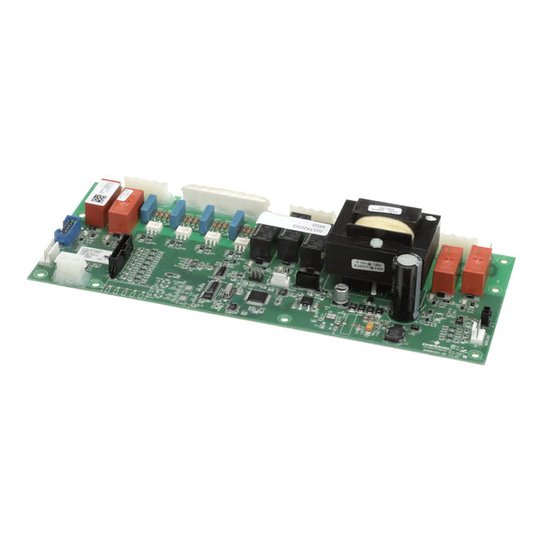 The main control board for an Amana Menumaster commercial microwave with a green circuit board and several colored components.