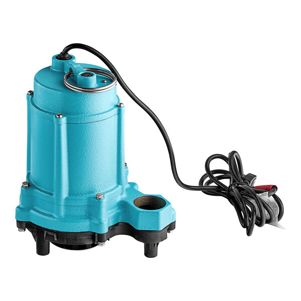 A blue Little Giant 6EC Series submersible pump with a black cord.