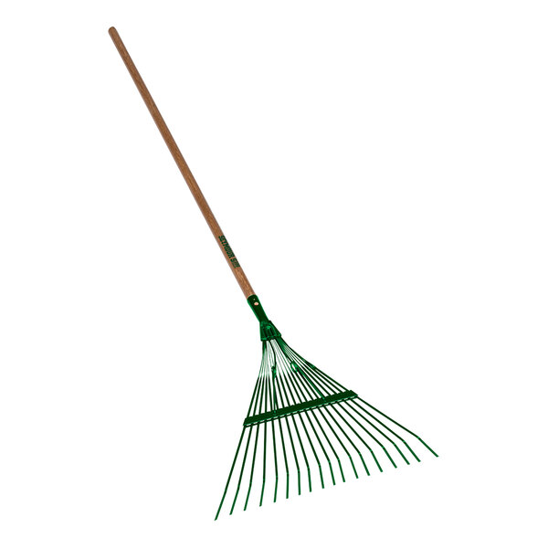 A green Seymour Midwest Spring Brace rake with a wooden handle.