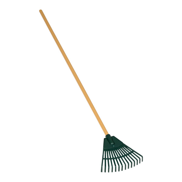 A Seymour Midwest leaf rake with a wooden handle.