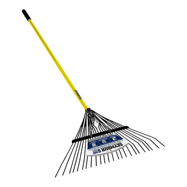 A Seymour Midwest spring brace rake with a yellow handle.