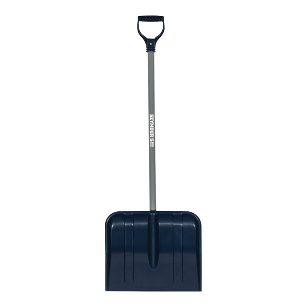 A grey and blue Seymour Midwest DuraLite snow shovel with a vinyl-coated steel handle.