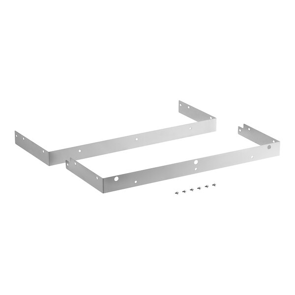A pair of metal brackets with a metal frame and screws.