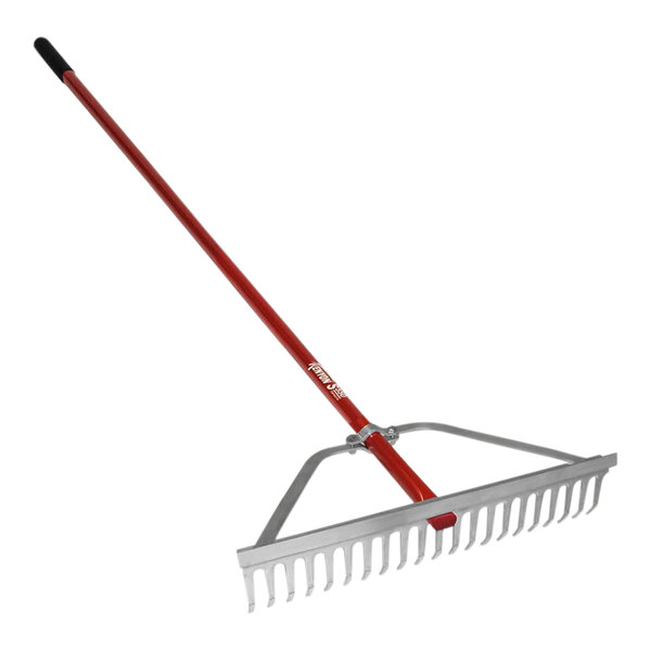 A red Seymour Midwest Kenyon landscape rake with a long handle.