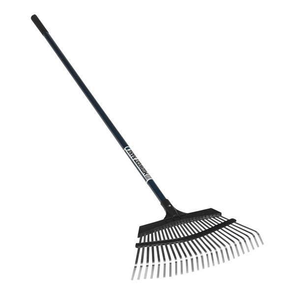 A Seymour Midwest Pro-Flex leaf rake with a long powder-coated aluminum handle.