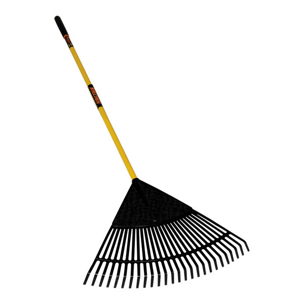 A Seymour Midwest Structron S600 Power 24" Leaf Rake with a yellow handle.