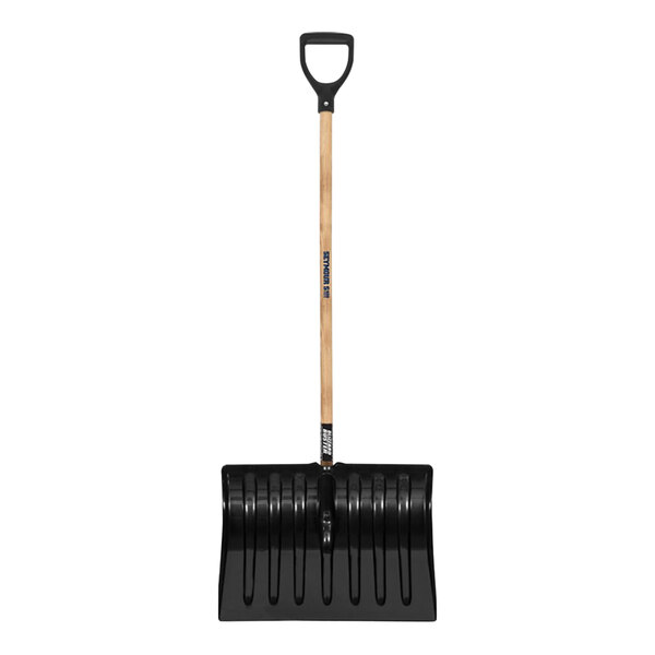 A Seymour Midwest polycarbonate snow shovel with a wooden handle.