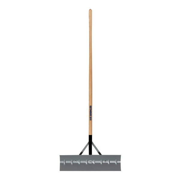 A Seymour Midwest snow scraper with a black metal beam and a wooden handle.