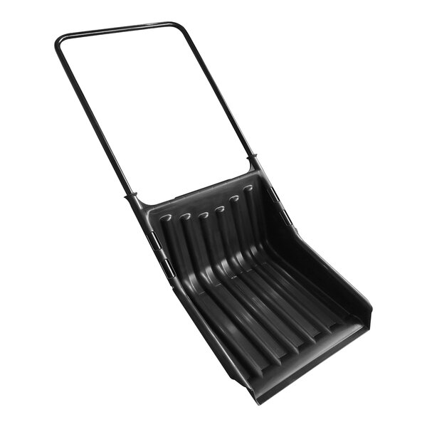 A Seymour Midwest black plastic sledge snow shovel with long handle.