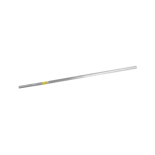 A long silver metal pole with a yellow label.