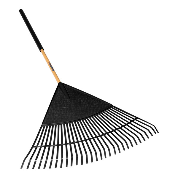 A black Seymour Midwest leaf rake with an orange cushion grip handle.