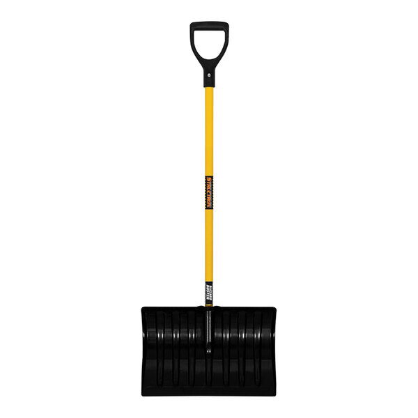 A black and yellow Seymour Midwest snow shovel with a yellow fiberglass handle.