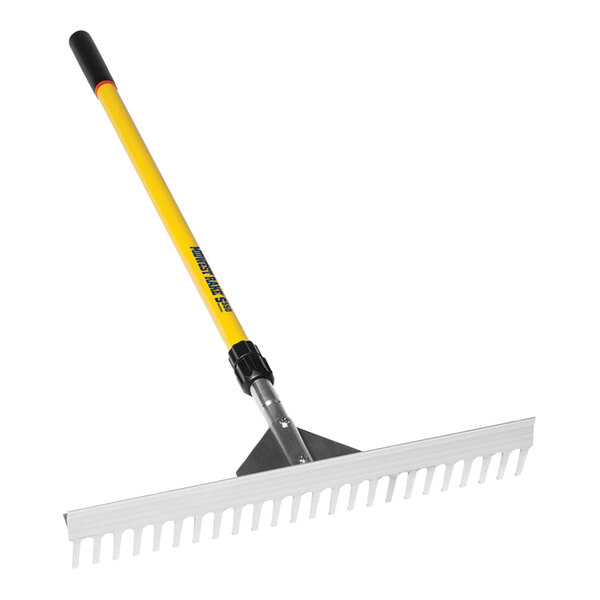 A Seymour Midwest telescopic field rake with a yellow handle.