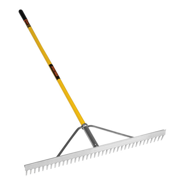 A Seymour Midwest Structron Power Field Rake with a yellow handle.