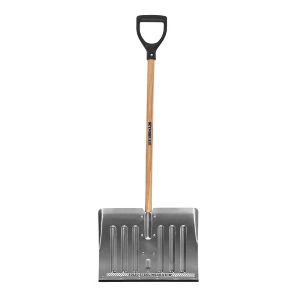 An 18" aluminum snow shovel with a wooden handle and wear strip.