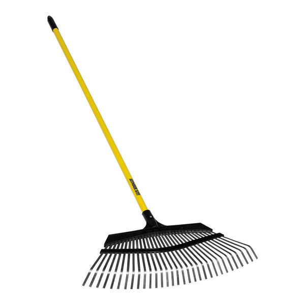 A Seymour Midwest Pro-Flex leaf rake with a yellow vinyl-coated steel handle.