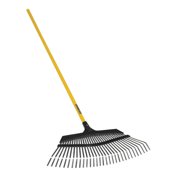 A Seymour Midwest Pro-Flex leaf rake with a yellow handle and black grip.