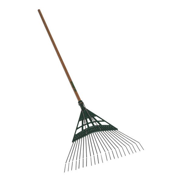 A Seymour Midwest DuraLite spring brace rake with a wooden green handle.