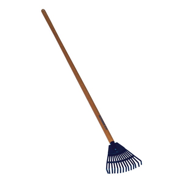 A Seymour Midwest shrub rake with a long wooden handle and blue writing.