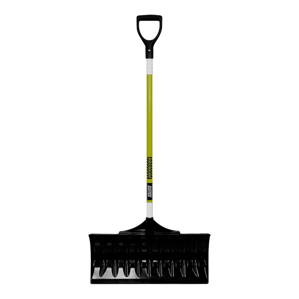 A Seymour Midwest snow pusher with a black and green fiberglass handle.