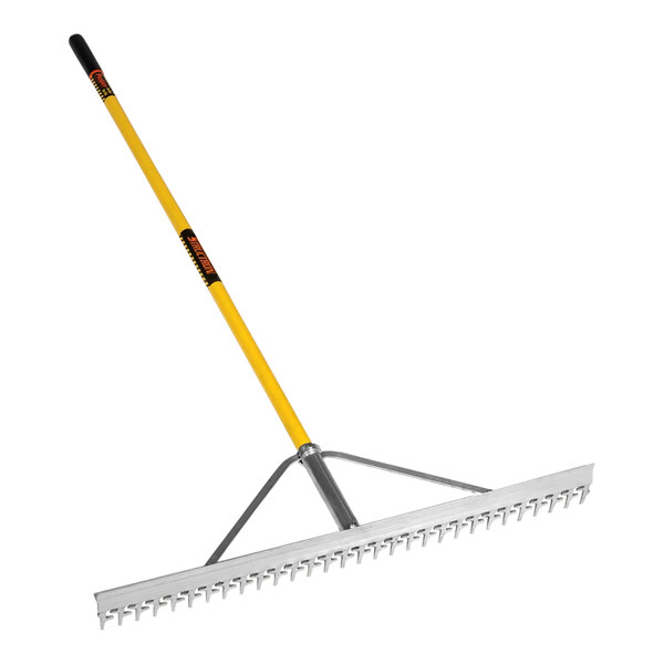 A Seymour Midwest Structron screening rake with a yellow handle.