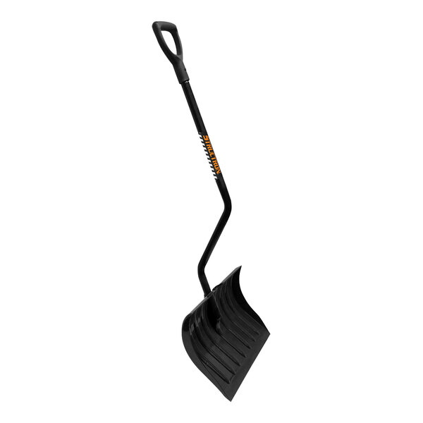 A black Seymour Midwest snow shovel with an orange handle.