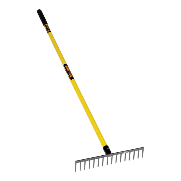 A yellow Seymour Midwest rake with a black handle.