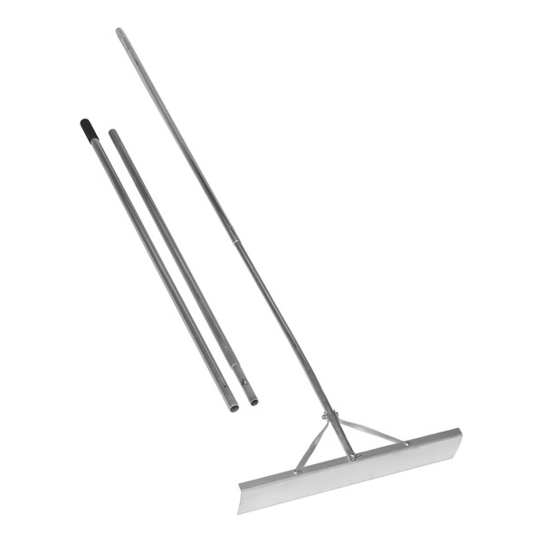 A Seymour Midwest extendable snow roof rake with metal poles and a long silver broom handle.