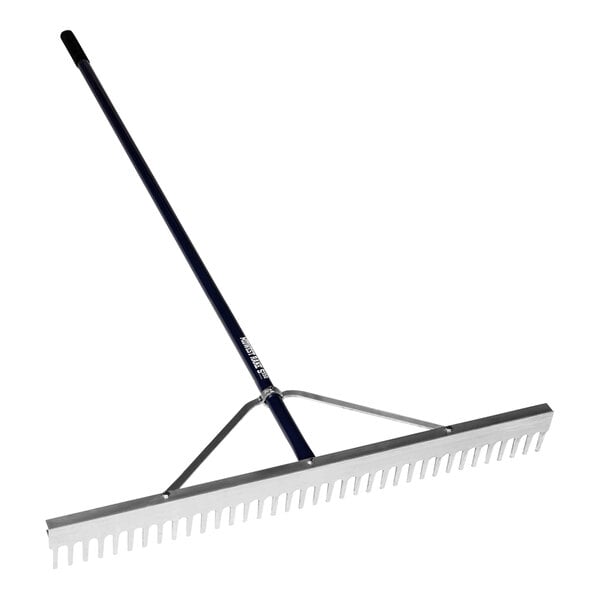 A Seymour Midwest landscape rake with a long handle.