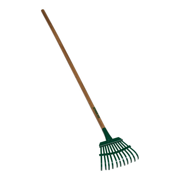 A green Seymour Midwest shrub rake with a wooden handle.