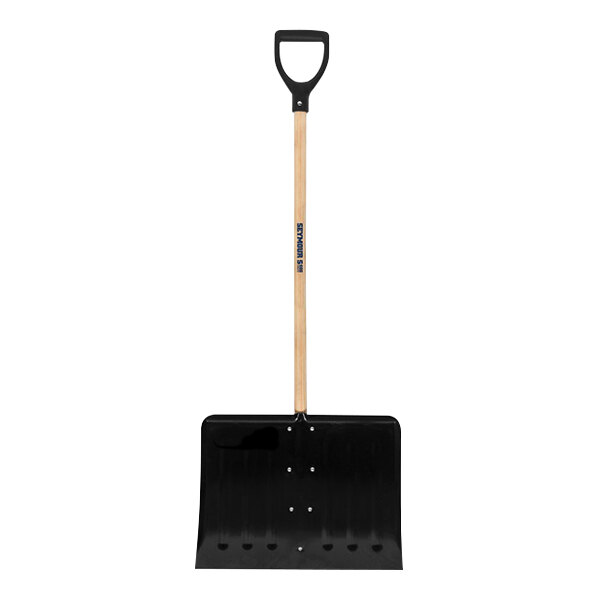 A black Seymour Midwest steel snow shovel with a wooden handle.