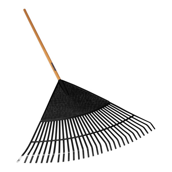 A Seymour Midwest Jobsite leaf rake with a wooden handle and black tines.