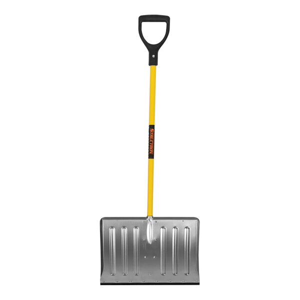 A Seymour Midwest Structron snow shovel with a yellow and black handle.
