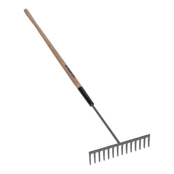 A Seymour Midwest asphalt rake with a wooden handle.