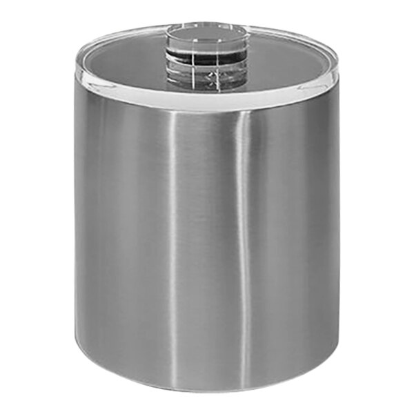 A silver stainless steel Room360 ice bucket with a clear lid.