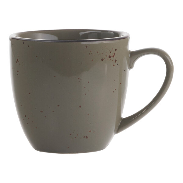 A green and gray speckled stoneware cappuccino cup with a handle.