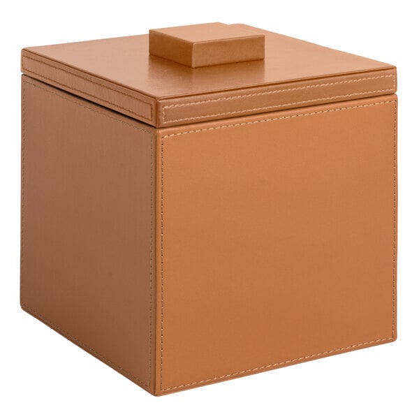 A brown faux leather box with a lid.