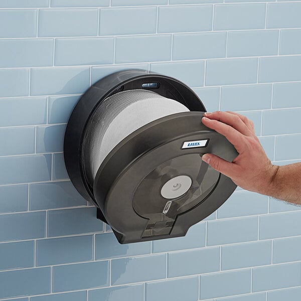 Lavex Black Jumbo 9" Single Roll Toilet Tissue Dispenser with 12 Toilet Paper Rolls