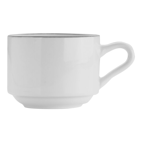 A white porcelain cup with a black band on the rim and a handle.