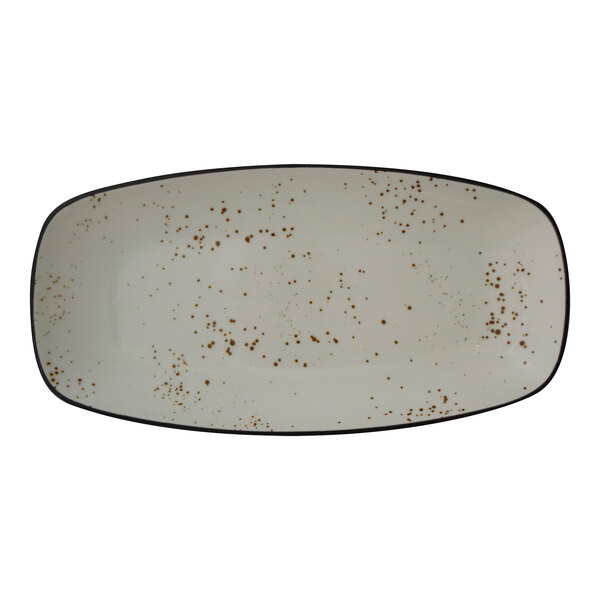 A white rectangular International Tableware stoneware platter with brown specks.