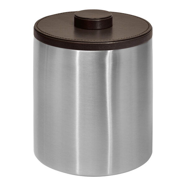 A silver stainless steel Room360 London ice bucket with a brown lid.