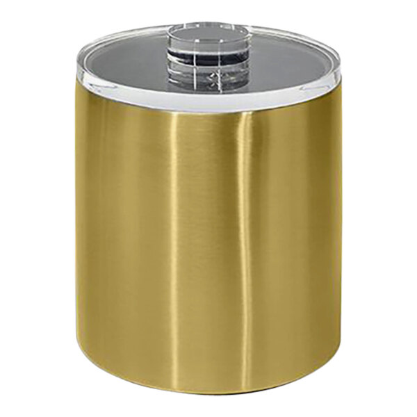 A gold cylindrical Room360 ice bucket with a clear lid.