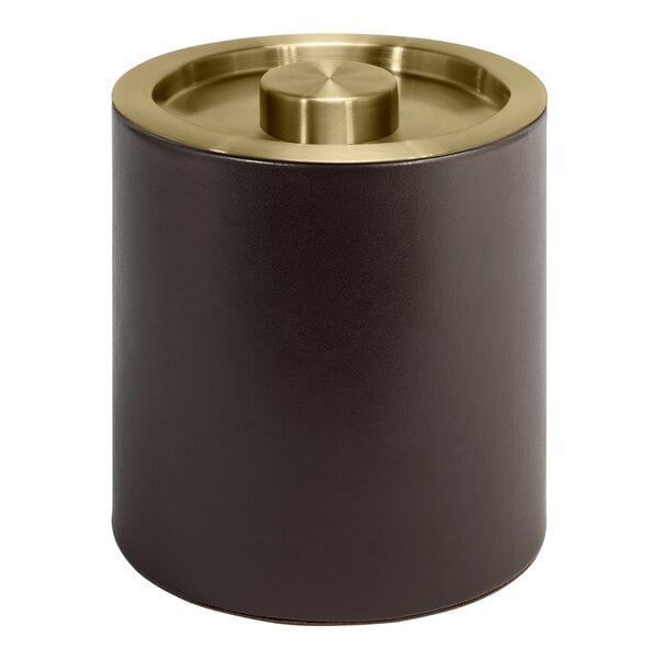 A brown faux leather ice bucket with a matte brass lid.