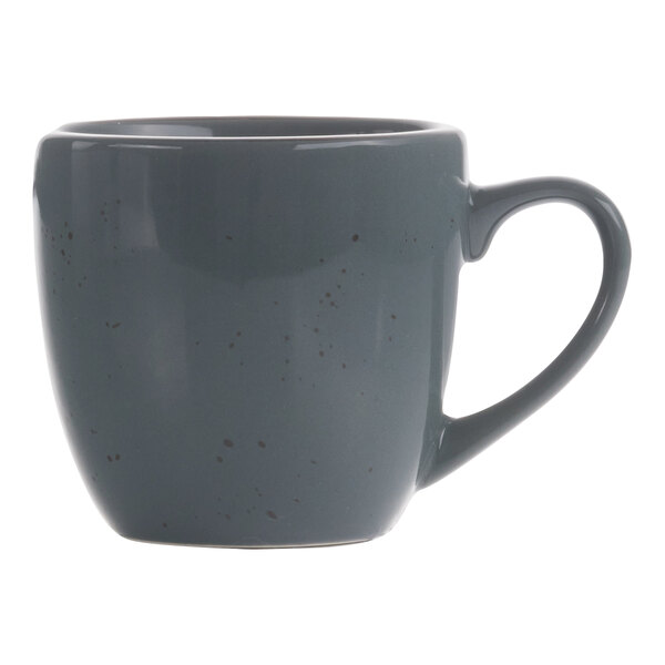 A gray stoneware cappuccino cup with a speckled surface and a handle.