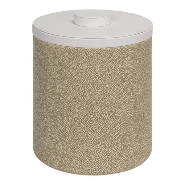 A tan and white Room360 Belize faux shagreen ice bucket with white lid.