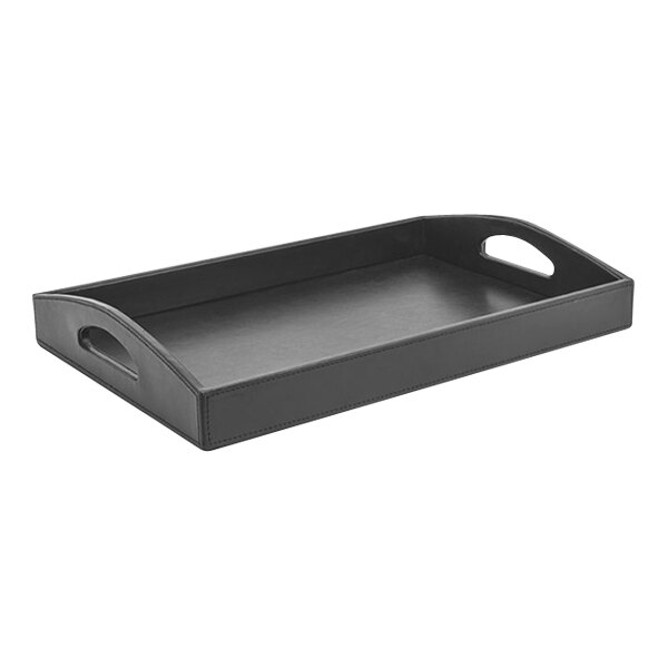 A black rectangular Room360 tray with handles.