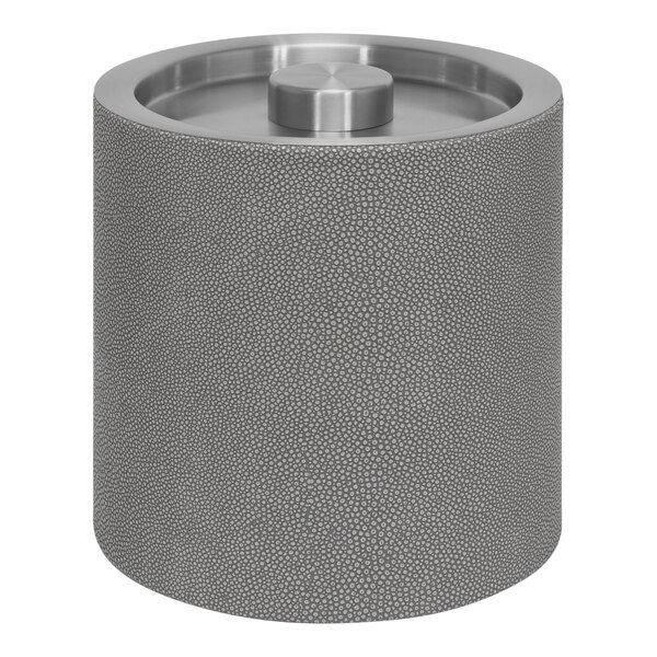A round grey metal Room360 ice bucket with a silver lid.
